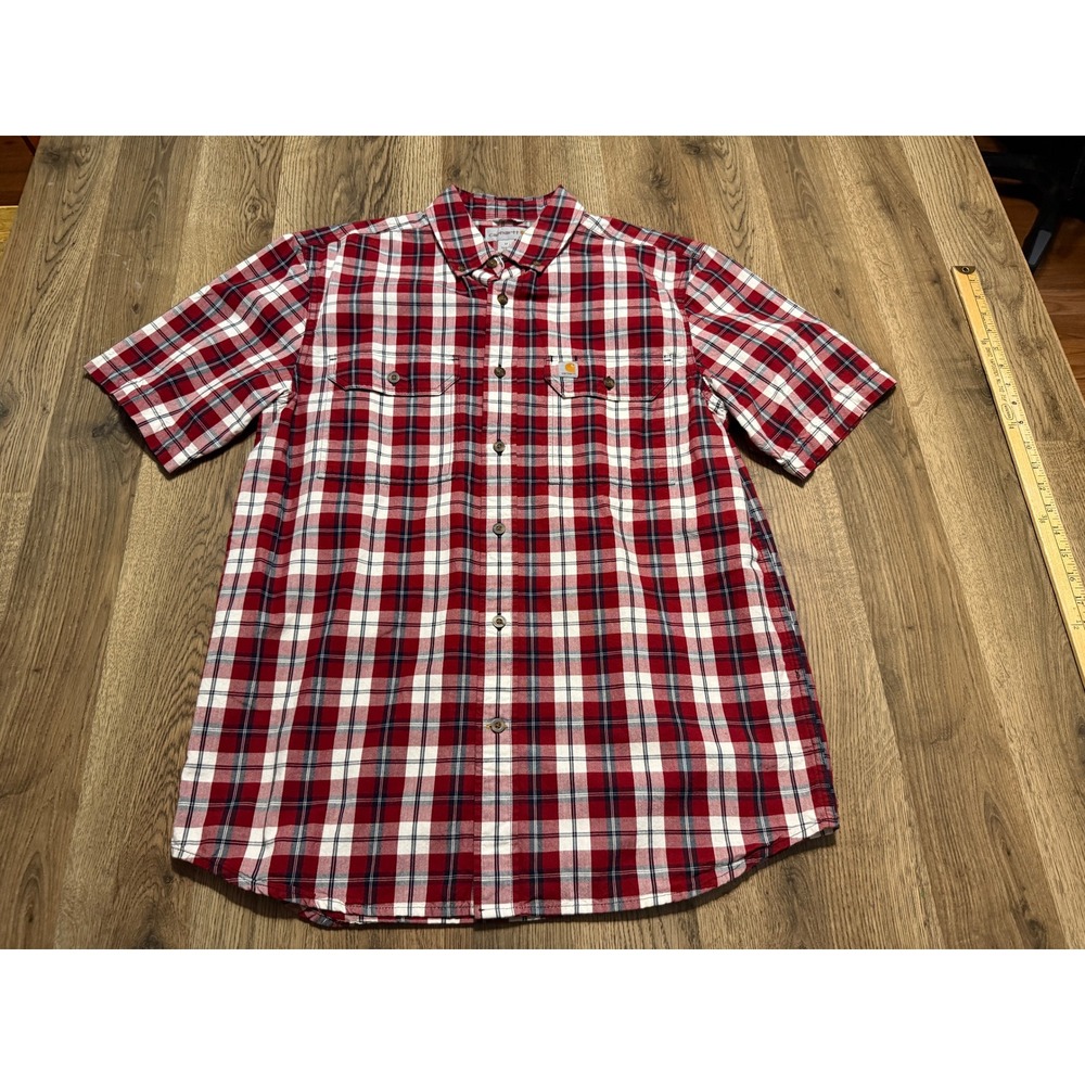 Carhartt Shirt Men Size M Red Plaid Button Down Short Sleeve Relaxed Fit